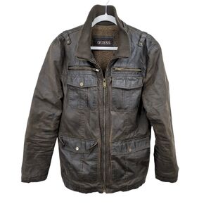 Guess Faux Leather Men's Medium Bomber Jacket Sherpa Lined Field Cargo Military